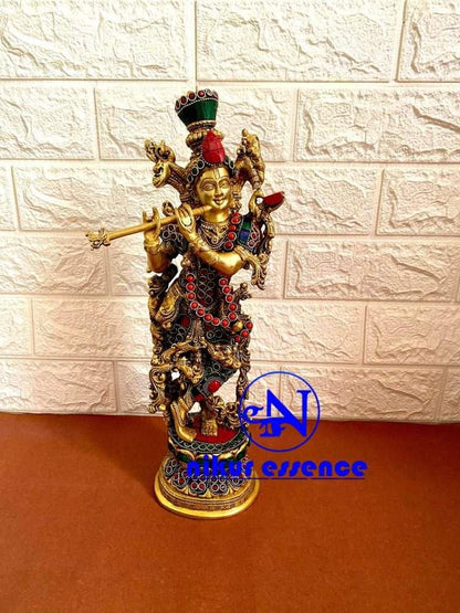 Buy Krishna Brass Statue with Stone Work 14 inch Height nikuressence