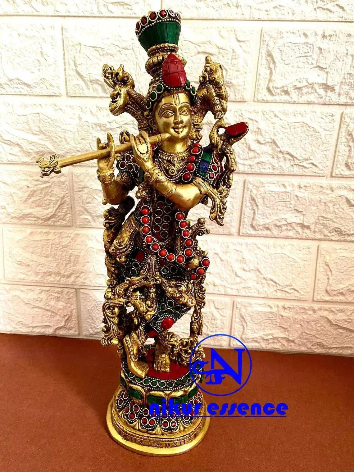 Buy Krishna Brass Statue with Stone Work 14 inch Height nikuressence