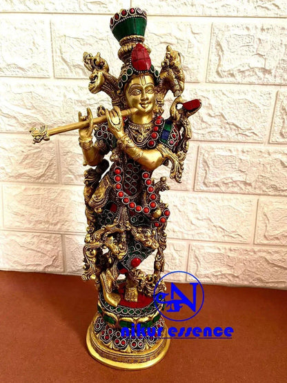 Buy Krishna Brass Statue with Stone Work 14 inch Height nikuressence
