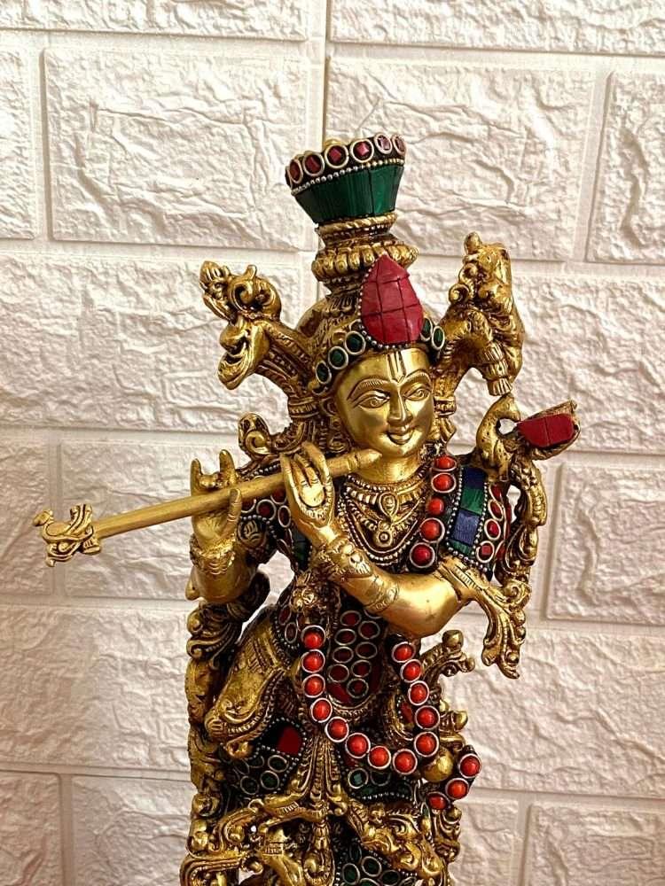 Buy Krishna Brass Statue with Stone Work 14 inch Height nikuressence