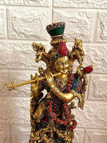 Buy Krishna Brass Statue with Stone Work 14 inch Height nikuressence