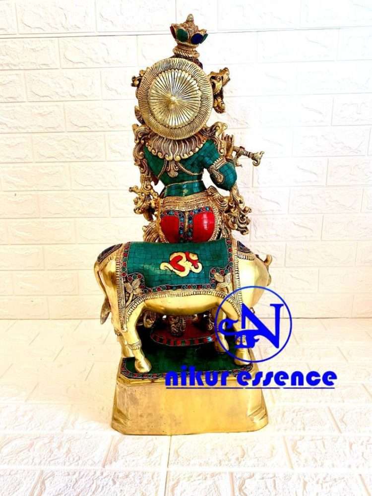 Brass Krishna with Cow with Stunning Stone Inlay Work | 29 inch Height nikuressence