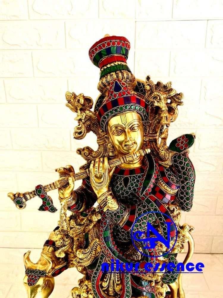 Hindu Brass Krishna with Cow Statue| Beautiful Krishna with Cow Statue with Stone Work-nikur nikuressence