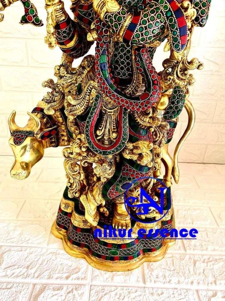 Hindu Brass Krishna with Cow Statue| Beautiful Krishna with Cow Statue with Stone Work-nikur nikuressence