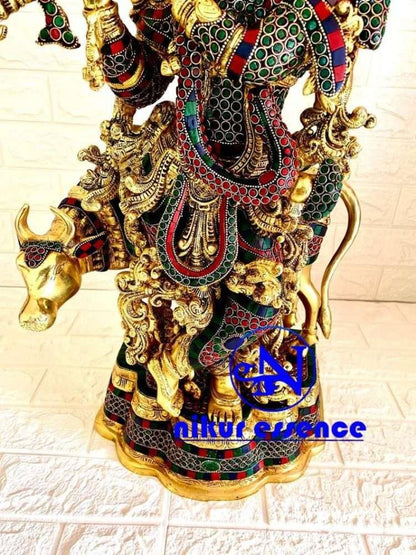Hindu Brass Krishna with Cow Statue| Beautiful Krishna with Cow Statue with Stone Work-nikur nikuressence