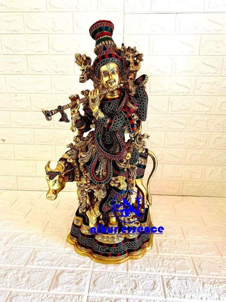 Hindu Brass Krishna with Cow Statue| Beautiful Krishna with Cow Statue with Stone Work-nikur nikuressence
