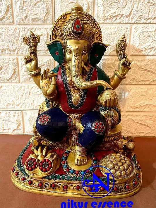Online Buy Ganesha Brass Statue with Intricate Beautiful Stone Work and Fine Details Nikuressence