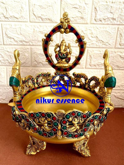 Buy Online Brass Ganesha Urli with Stone work Nikuressence