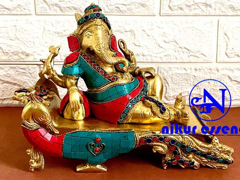 Buy Ganesha Reclining on Throne, Brass Statue with Stunning Stone Work Nikuressence