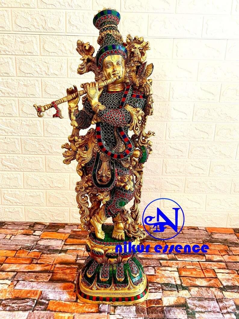 Big Krishna Brass Statue with Gorgeous Stone Inlay, Brilliant Golden Finish, and Masterful Craftsmanship, Adding Elegance to Any Space (Copy) Nikuressence