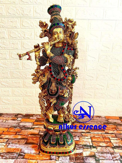 Big Krishna Brass Statue with Gorgeous Stone Inlay, Brilliant Golden Finish, and Masterful Craftsmanship, Adding Elegance to Any Space (Copy) Nikuressence