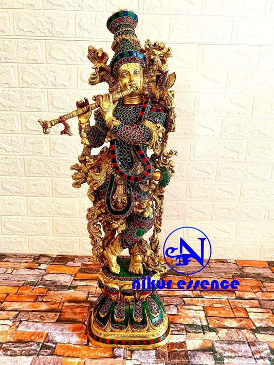 Big Krishna Brass Statue with Gorgeous Stone Inlay, Brilliant Golden Finish, and Masterful Craftsmanship, Adding Elegance to Any Space (Copy) Nikuressence
