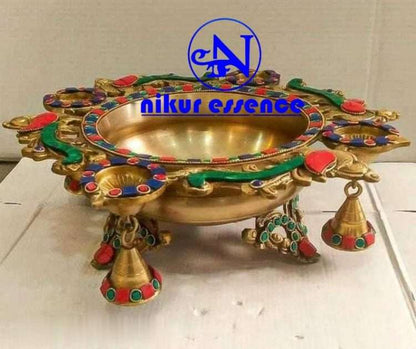 Stunning Brass Peacock Urli with Stone Work - A Perfect Addition to Your Home Temple, Puja Room, and Devotional Space Nikuressence