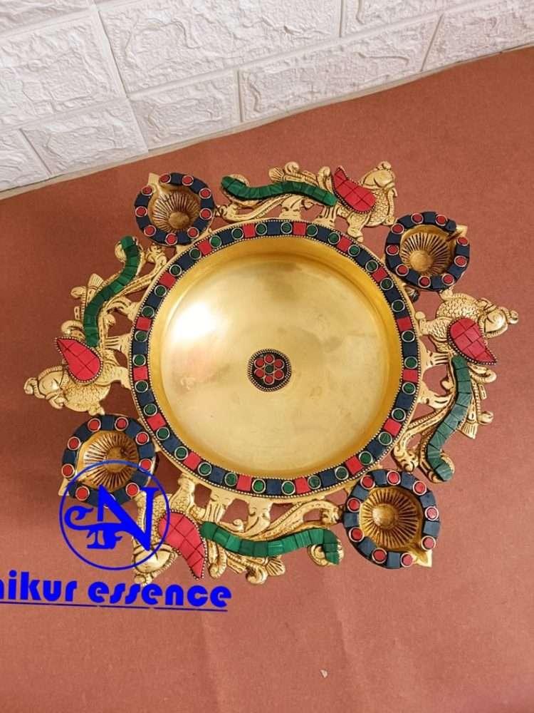 Stunning Brass Peacock Urli with Stone Work - A Perfect Addition to Your Home Temple, Puja Room, and Devotional Space Nikuressence