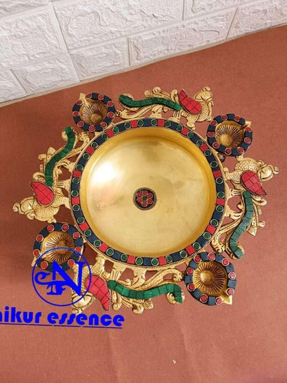 Stunning Brass Peacock Urli with Stone Work - A Perfect Addition to Your Home Temple, Puja Room, and Devotional Space Nikuressence