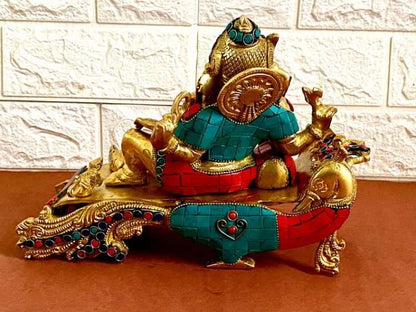 Buy Ganesha Reclining on Throne, Brass Statue with Stunning Stone Work Nikuressence