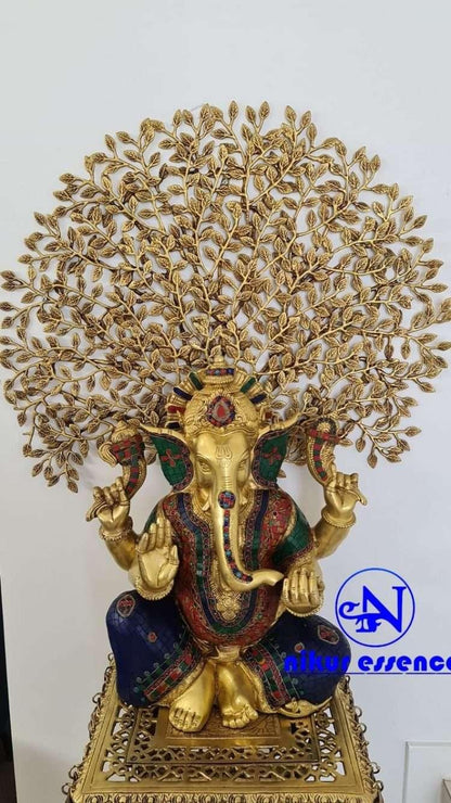 Online buy Brass Ganesha Figurine on Elegant Stand with Beautifully Crafted Brass Tree and Stunning Stone Work Nikuressence