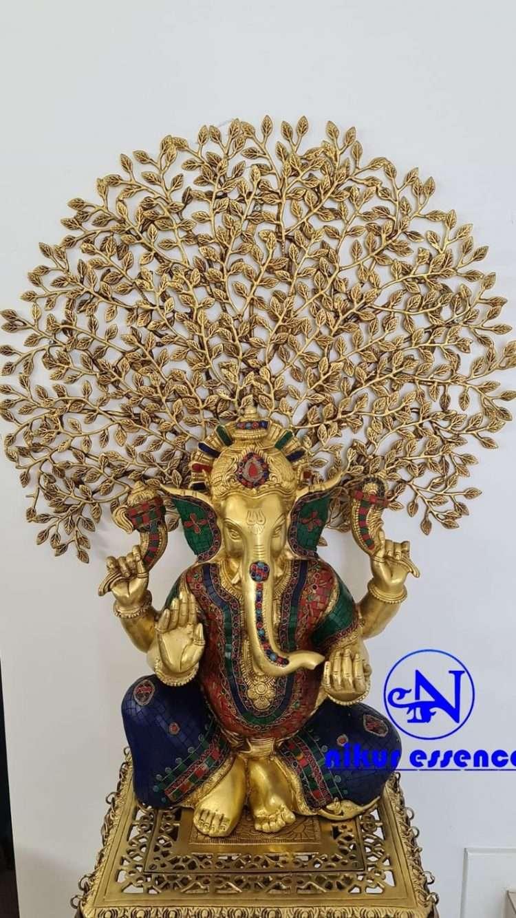 Online buy Brass Ganesha Figurine on Elegant Stand with Beautifully Crafted Brass Tree and Stunning Stone Work Nikuressence