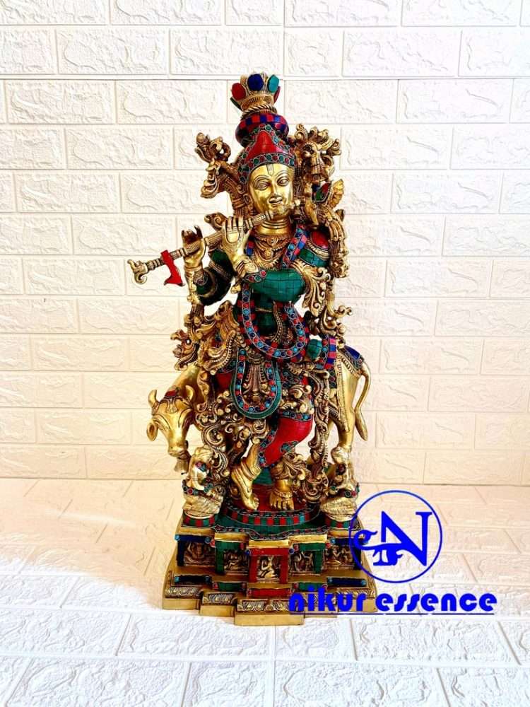 Brass Krishna with Cow with Stunning Stone Inlay Work | 29 inch Height nikuressence