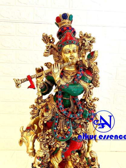 Brass Krishna with Cow with Stunning Stone Inlay Work | 29 inch Height nikuressence