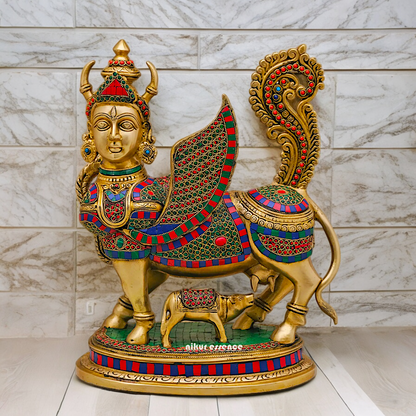 Goddess kamadhenu Cow with Calf Brass Idol Stone Work - 16.5 Inches Nikuressence