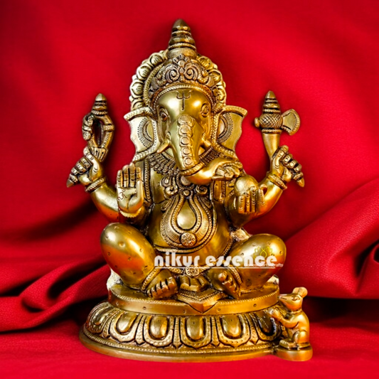 Pure Brass Ganpati Bappa morya Ganesha Blessing Idol - 12 inches Nikuressence