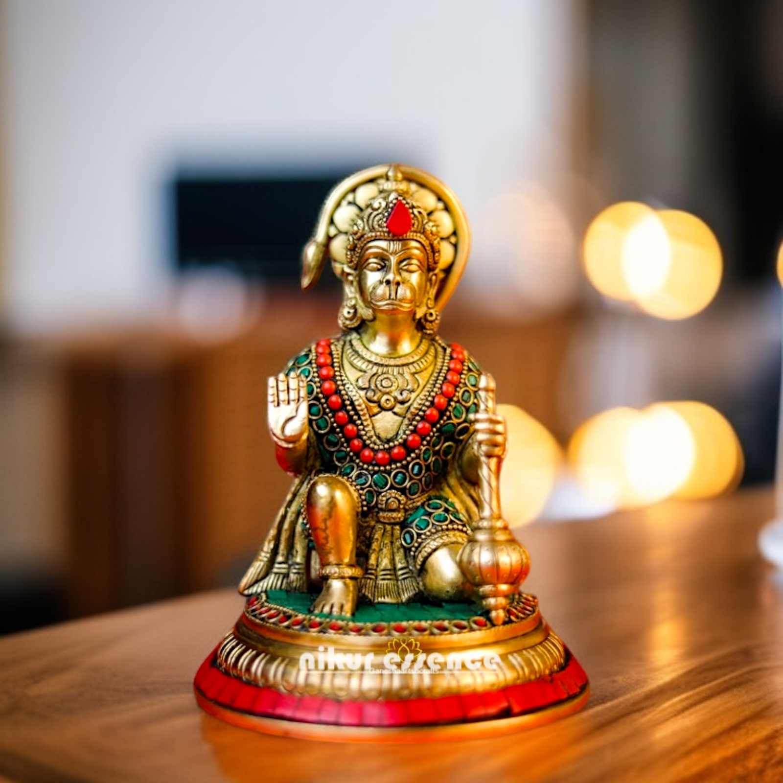 Brass Hanuman ji monkey God Seated with Blessing stone work idol - 7.48 inches Nikuressence